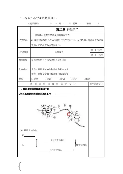 广东省肇庆市实验中学2016届高三上学期第14周生物“三四五”高效课堂教学设计：第二章 神经调节2