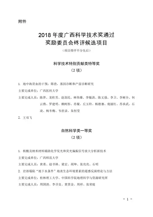 2018年度广西科学技术奖通过奖励委员会终评候选项目