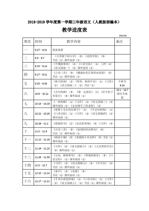 2018-2019学年第一学期人教版部编教材三年级上册语文教学进度表