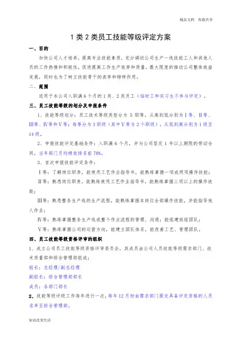 1类2类员工技能等级评定方案 终版