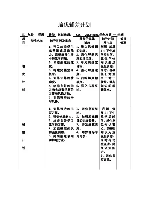 三年级数学培优辅差计划