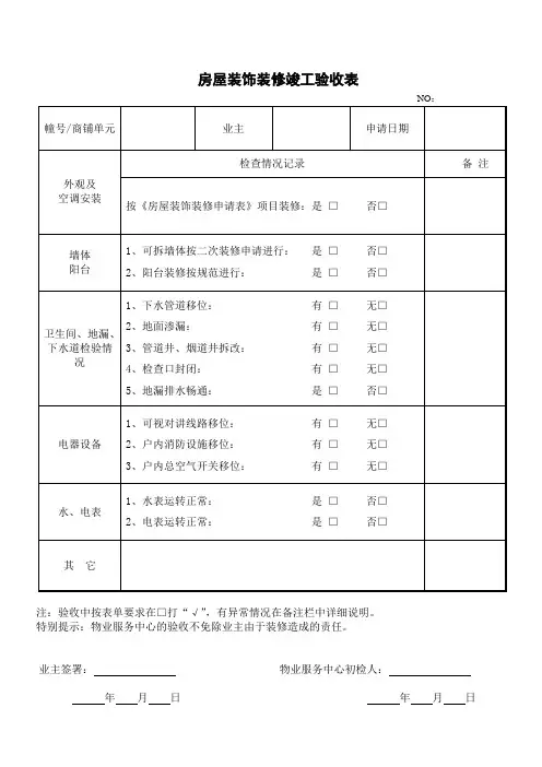 房屋装饰装修竣工验收表(完整版)