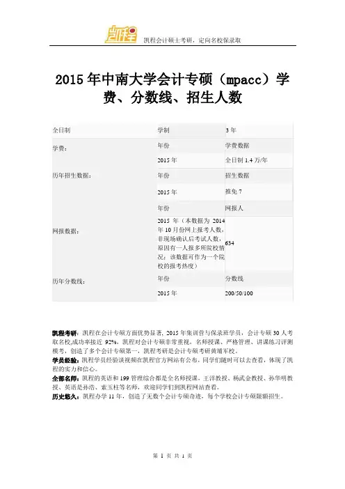 2015年中南大学会计专硕(mpacc)学费、分数线、招生人数