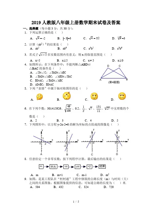 2019人教版八年级上册数学期末试卷及答案