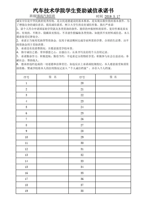资助诚信承诺书