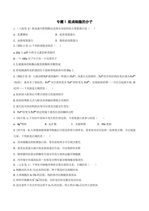 2015年高考生物试题分类汇编专题01 组成细胞的分子及多样性