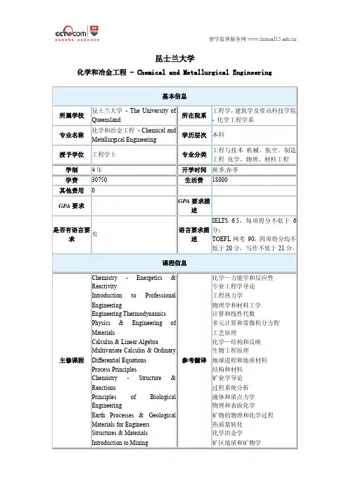 昆士兰大学化学和冶金工程专业