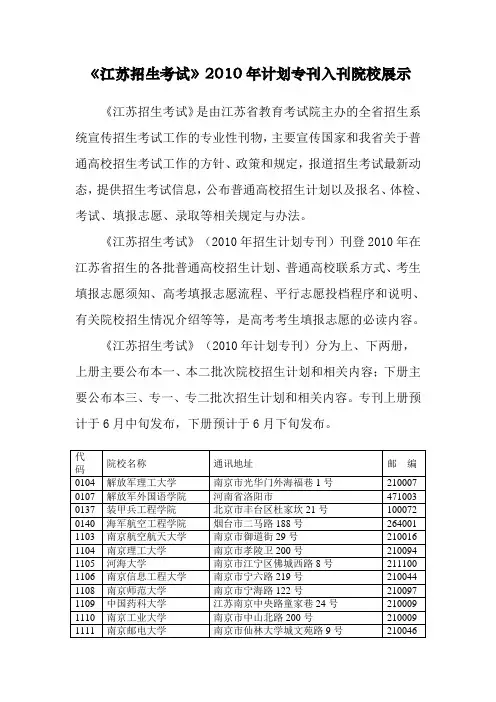 江苏省招生考试2010年计划专刊入刊院校展示