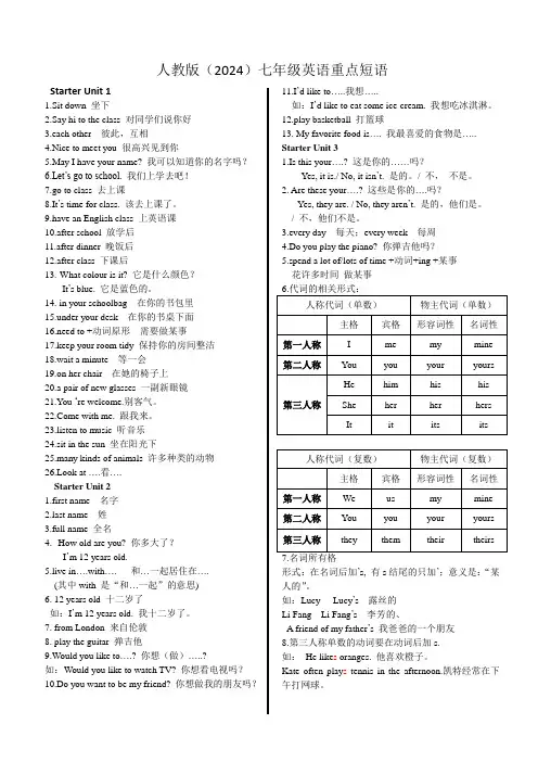 +Unit1-7重点短语+2024-2025学年人教版英语七年级上册