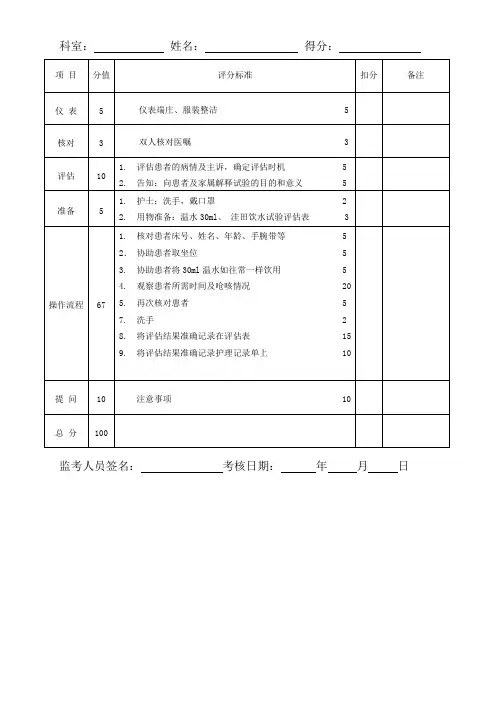 洼田饮水试验评分标准