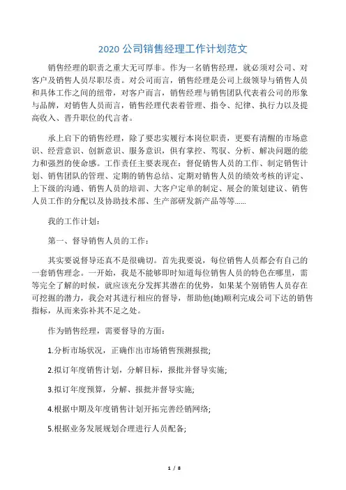 2020公司销售经理工作计划范文