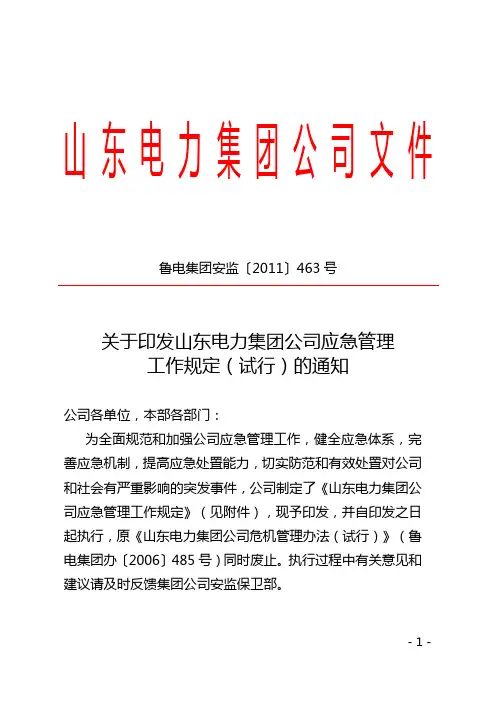 关于印发山东电力集团公司应急管理工作规定(试行)的通知
