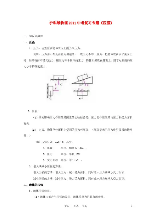 2011年中考物理复习专题 《压强》沪科版