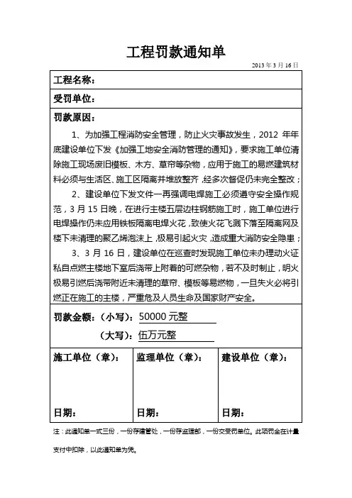工程罚款通知单