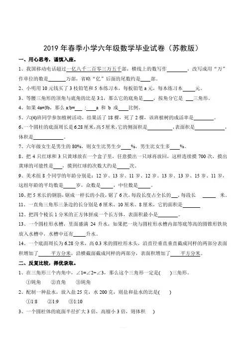 2019年小学六年级小升初数学毕业模拟试卷附参考答案