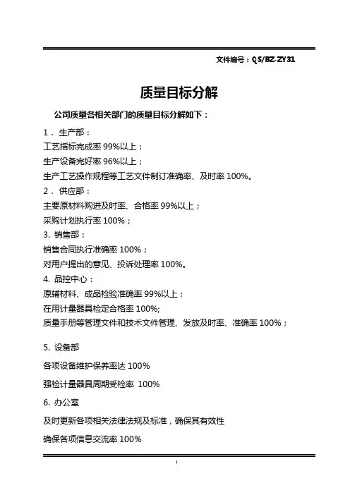 质量目标分解