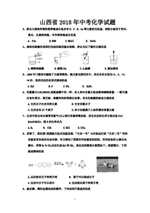 山西省2018年中考化学试题-含答案
