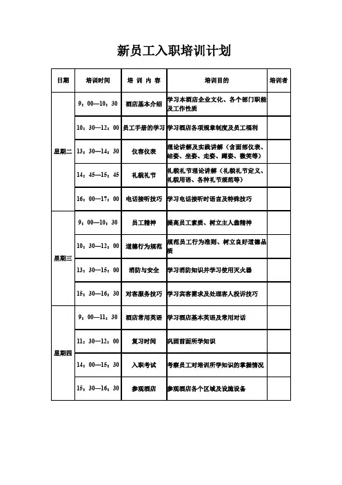 新员工入职培训计划 (酒店)