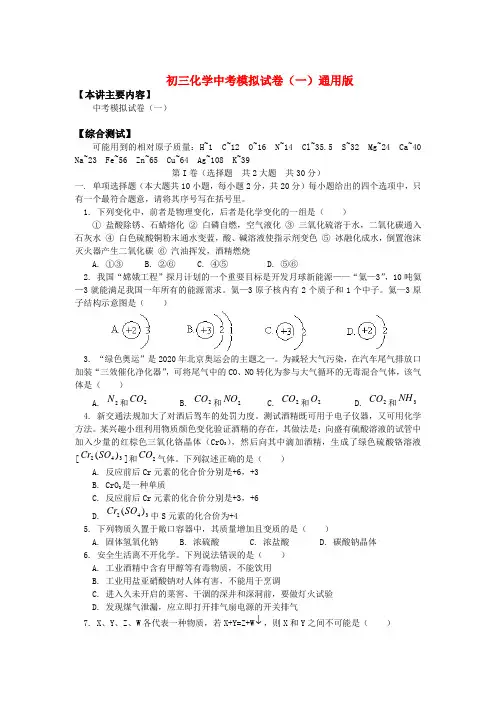初三化学中考模拟试卷(一)通用版