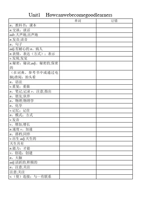 2017年人教版九年级英语单词默写表