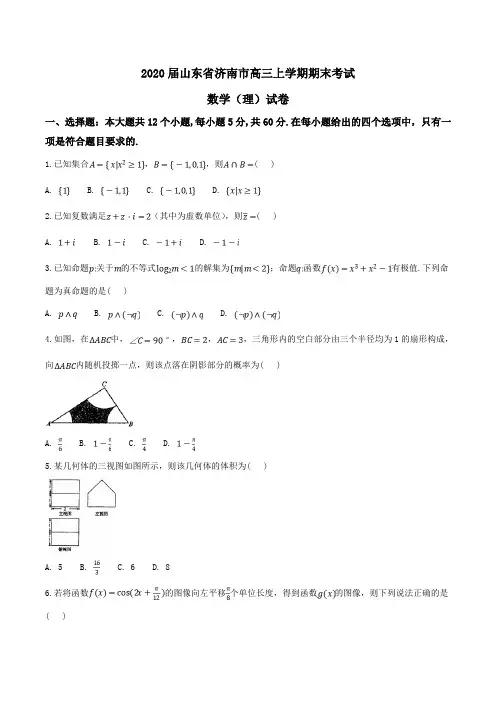 2020届山东省济南市高三上学期期末考试数学(理)试卷word版含答案