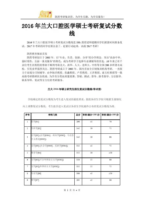 2016年兰大口腔医学硕士考研复试分数线