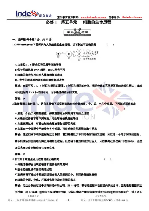2011年高考生物(课标人教版)一轮复习必修1  第五单元   细胞的生命历程  单元质量检测