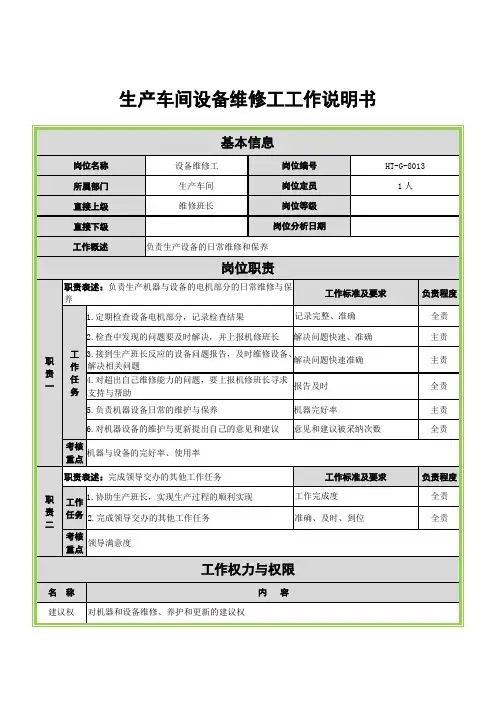 生产车间设备维修工岗位说明书