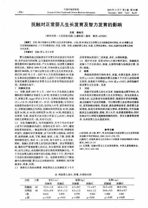抚触对正常婴儿生长发育及智力发育的影响