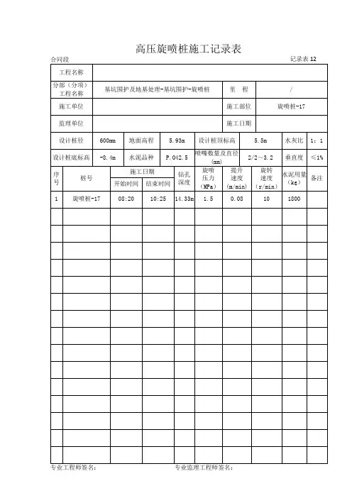 高压旋喷桩施工记录表