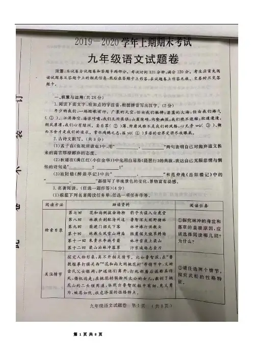2019—2020学年郑州市上期期末考试九年级语文试题卷