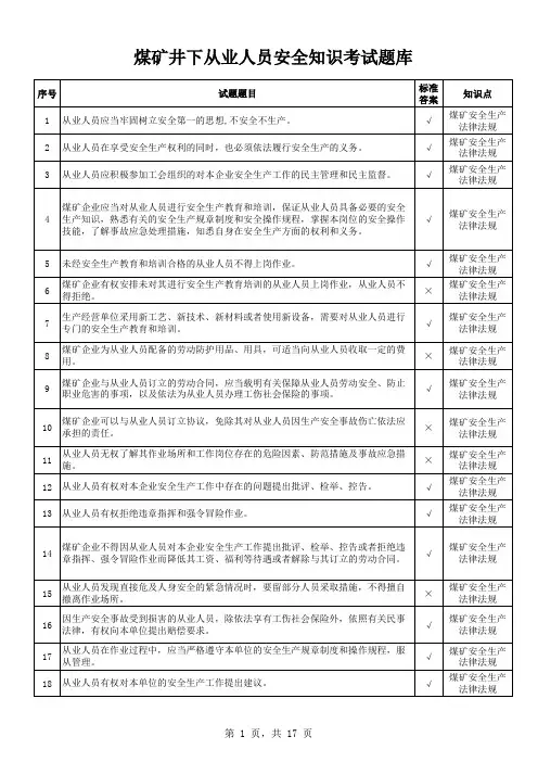 煤矿井下从业人员安全知识考试题库
