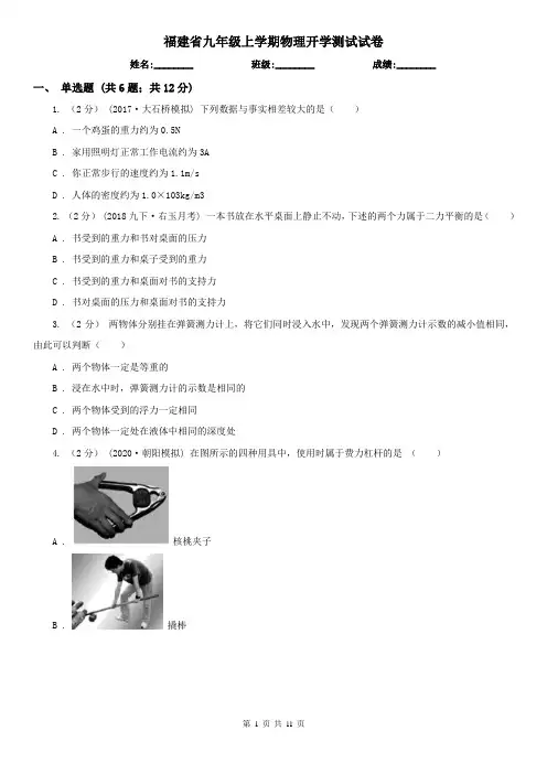 福建省九年级上学期物理开学测试试卷