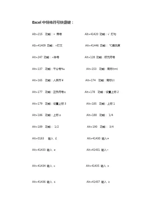 (完整版)Excel中特殊符号快捷键