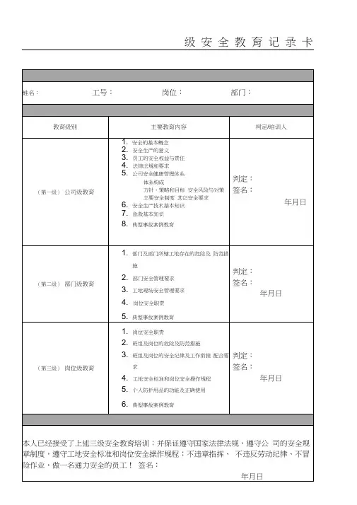 电梯安装三级安全教育记录卡