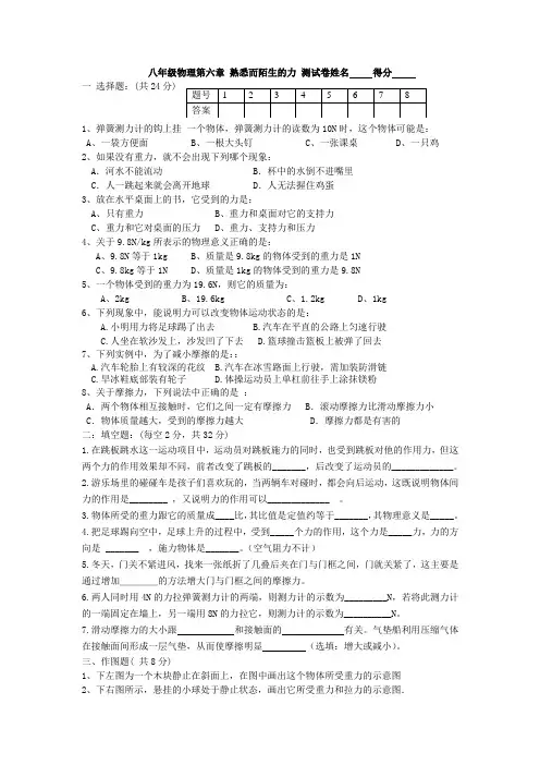 6.6 沪科版八年级物理第六章 熟悉而陌生的力 测试卷姓名     得分