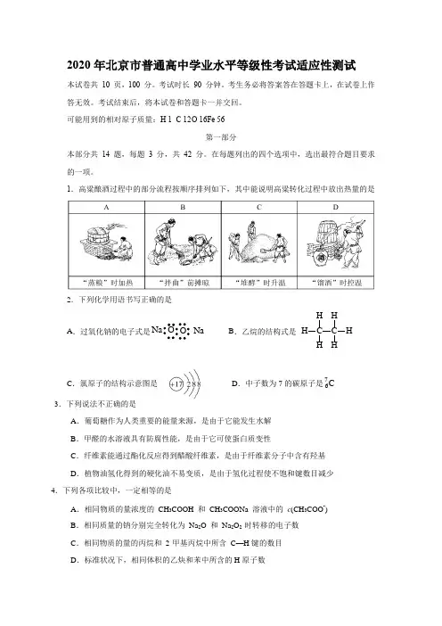 2020年北京市新高考测试化学试题与答案