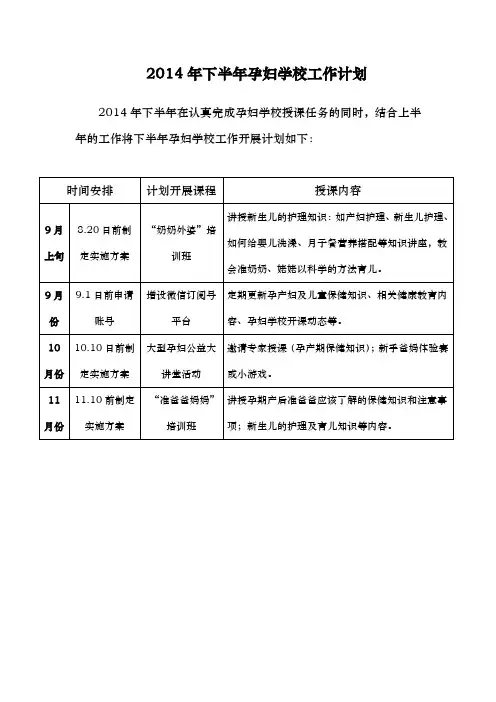 孕妇学校下半年工作计划