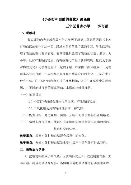 教科版六年级科学下册《小苏打和白醋的变化》说课稿 2