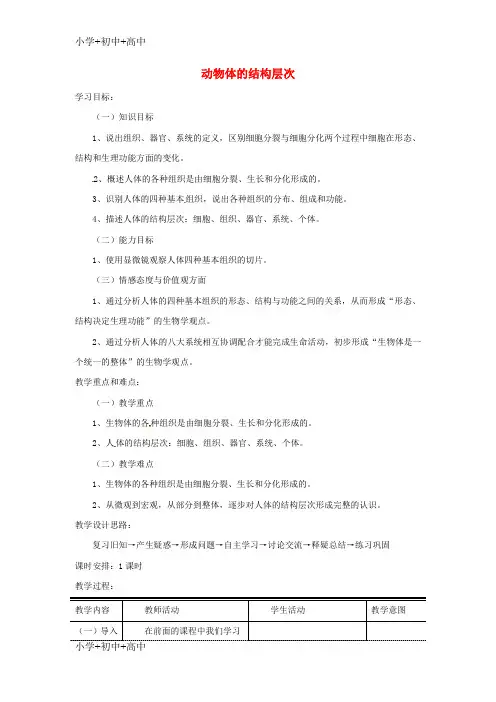教育最新K12安徽省合肥市长丰县七年级生物上册 2.2.2《动物体的结构层次》教案4 (新版)新人教版