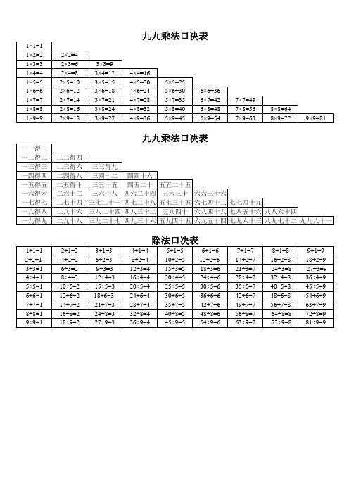 乘除法口诀表  小学二年级
