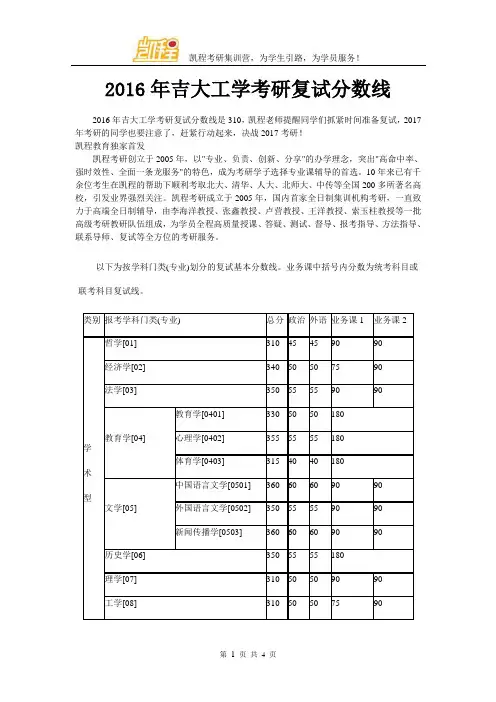 2016年吉大工学考研复试分数线