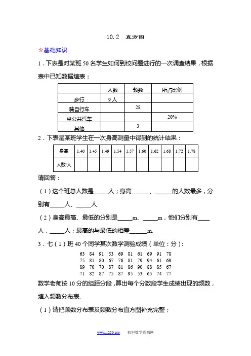 新人教版七年级下10.2直方图配套练习
