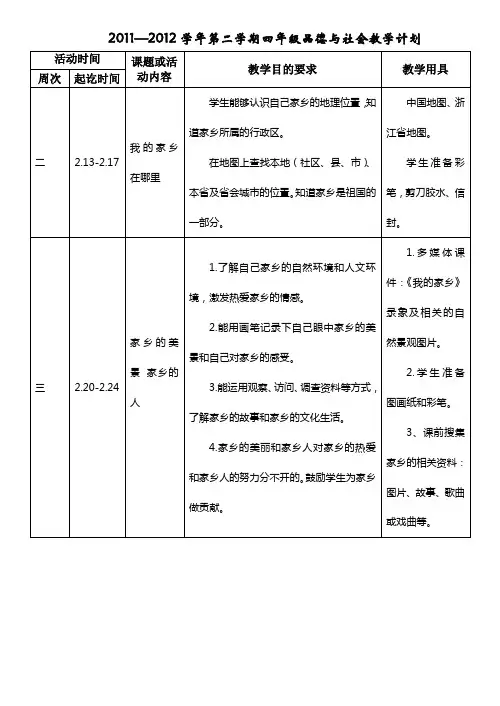 人教版四年级下册品德与社会教学计划(2011-2012学年)