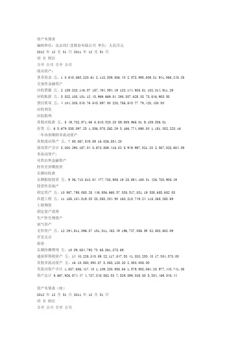 同仁堂2012年财务报表