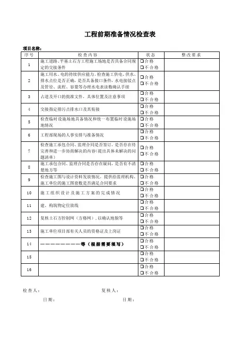开工前现场准备工作检查表