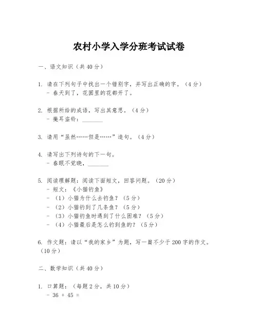 农村小学入学分班考试试卷