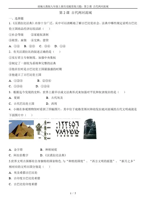 部编人教版九年级上册历史随堂练习题：第2课 古代两河流域