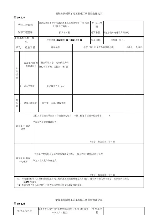 混凝土预制块护坡单元工程施工质量验收评定表