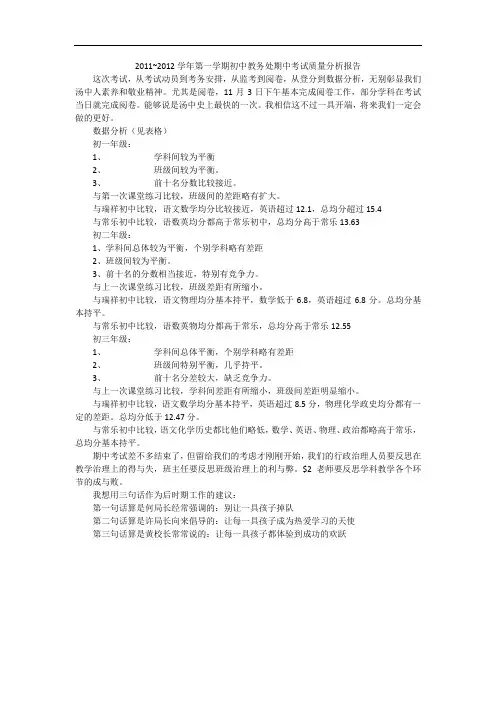 ~2012学年第一学期初中教务处期中考试质量分析报告